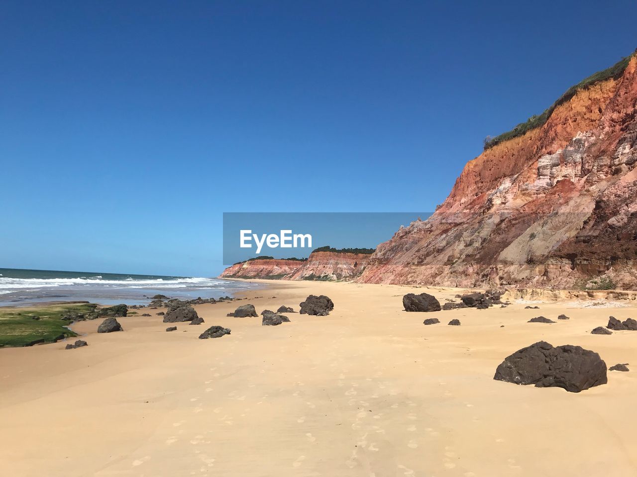 PANORAMIC VIEW OF BEACH AGAINST CLEAR BLUE SKY