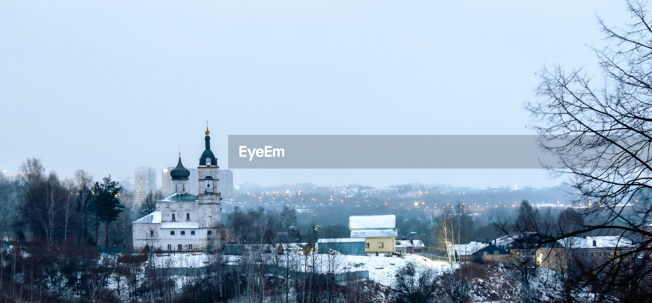 Panoramic winter view of old russian church near vladimir