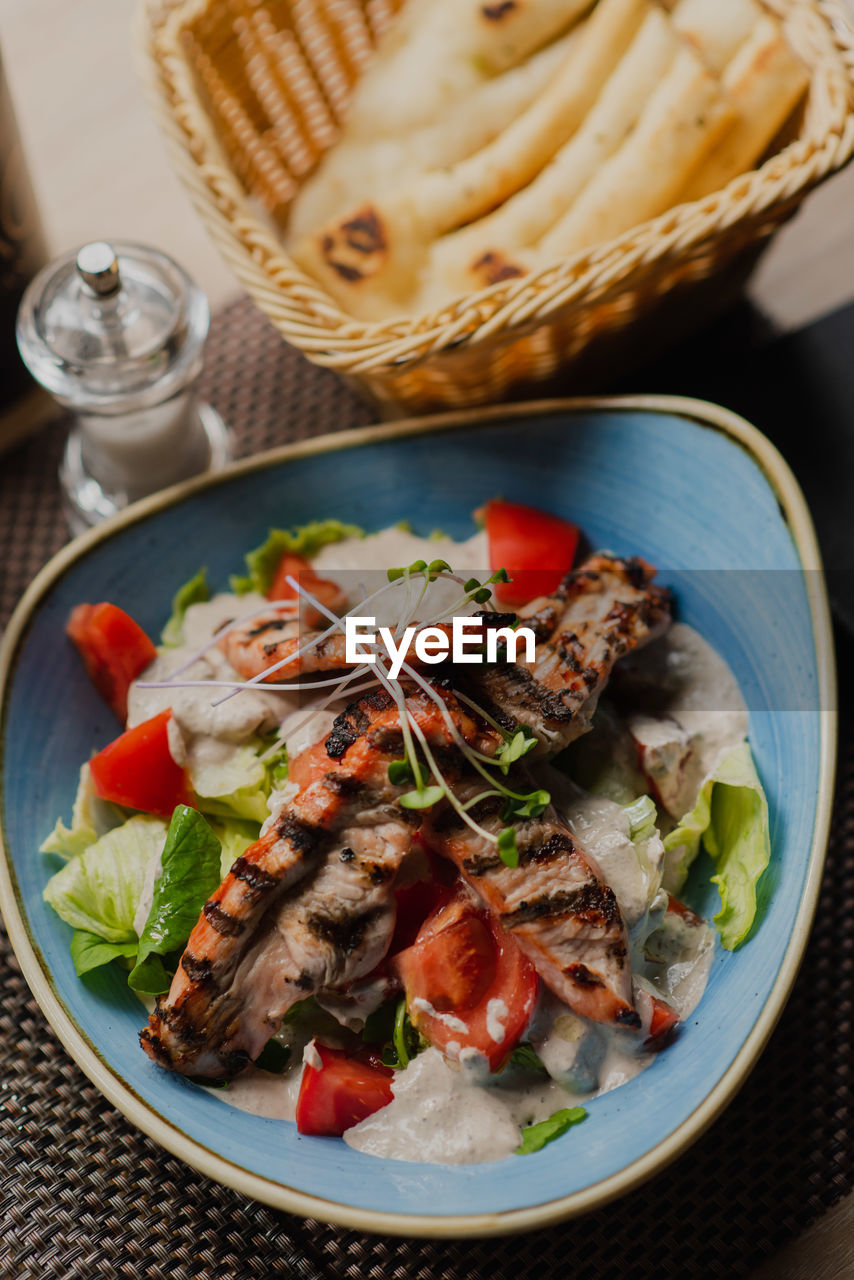 high angle view of food served in plate on table