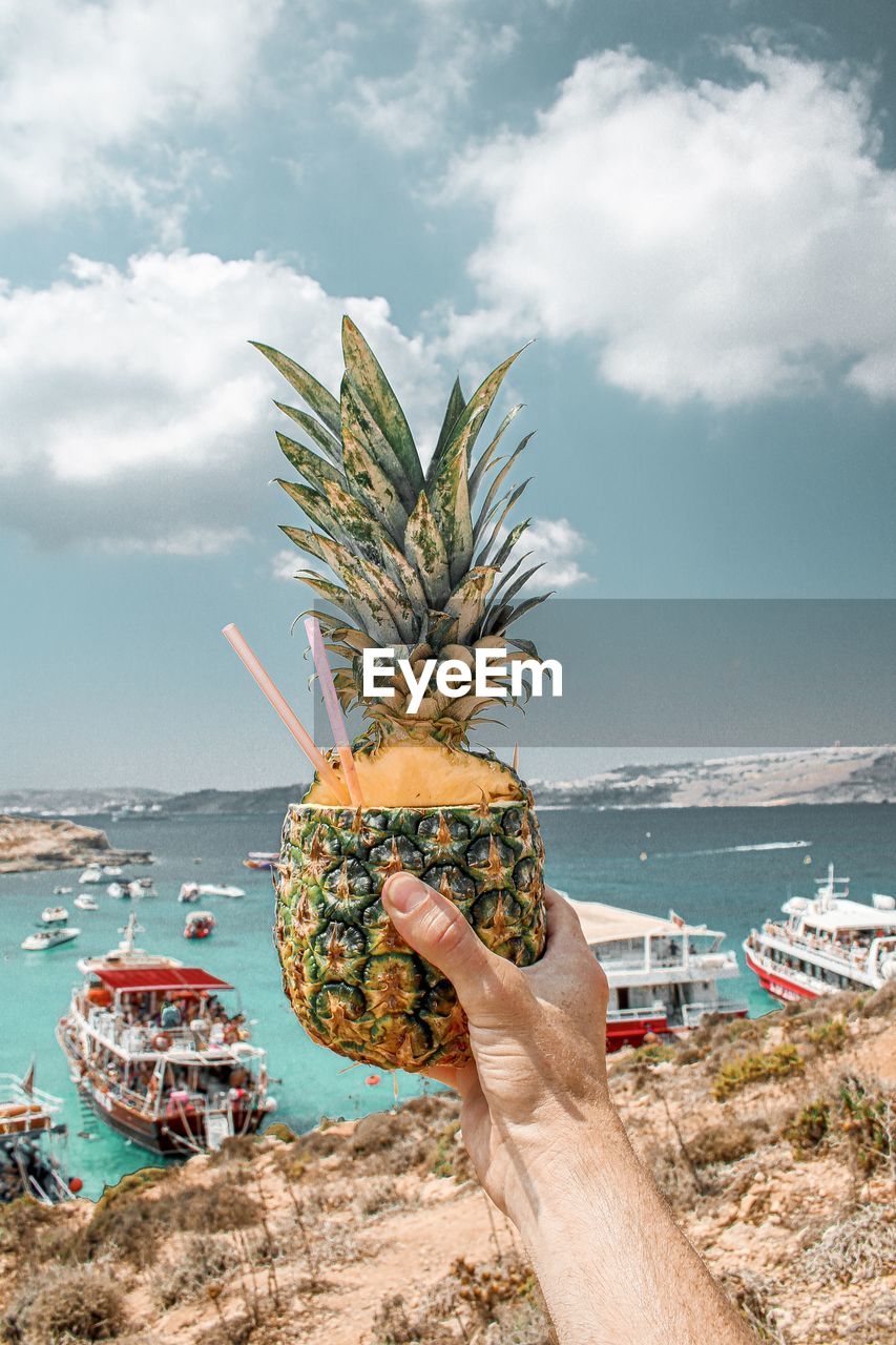 Man holding fruit by sea against sky