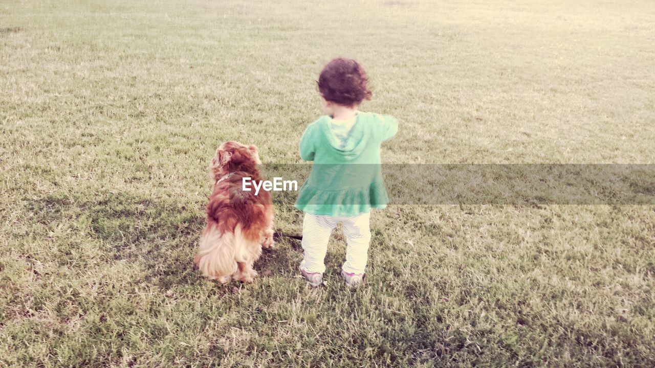 Rear view of toddler and dog outdoors