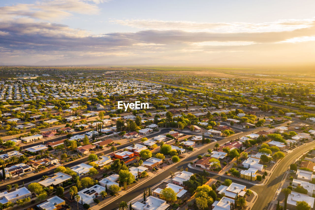 High angle view of cityscape against sky during sunset, green valley arizona