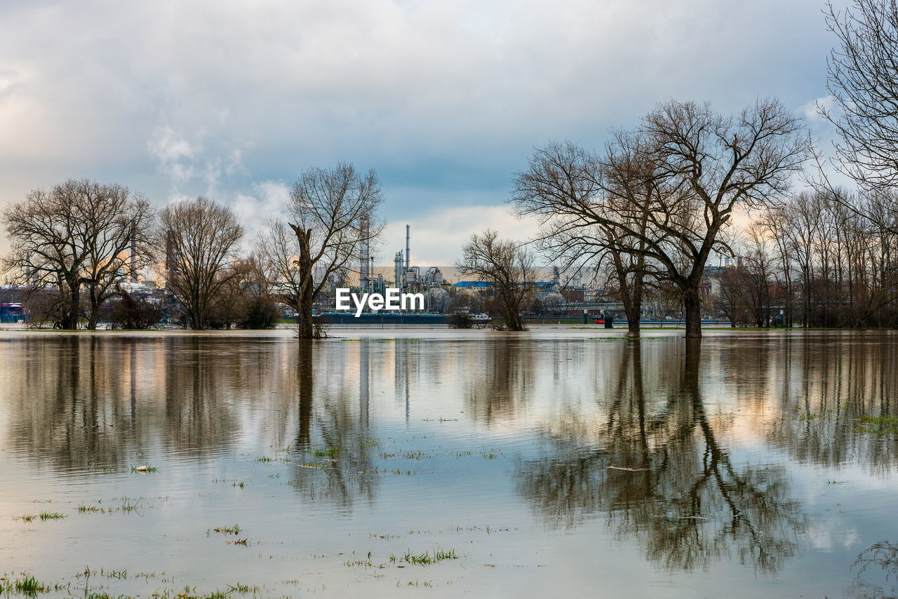 Flood on the rhine, germany. chempark dormagen in the background.