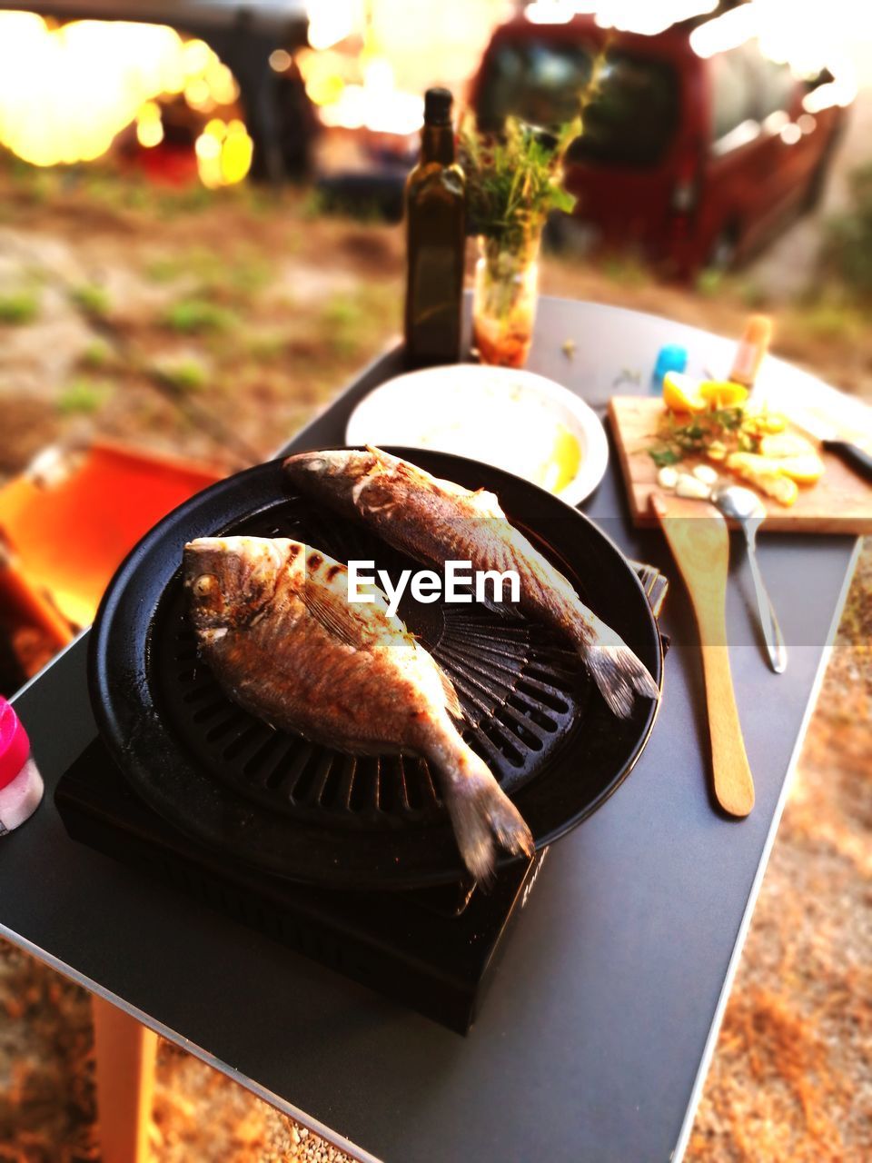 Close-up of fish on barbecue grill