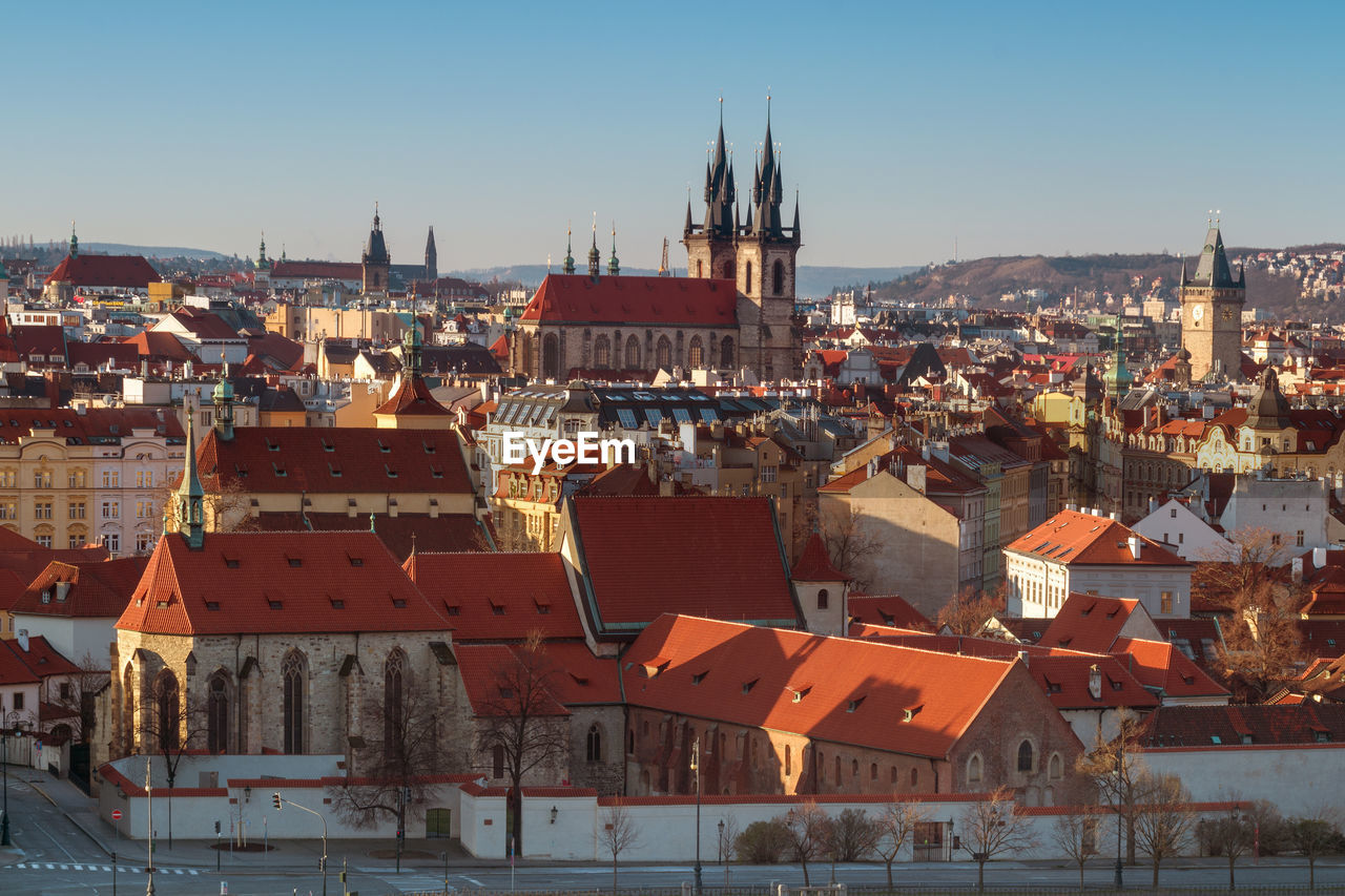 High angle shot of old town of prague against clear sky