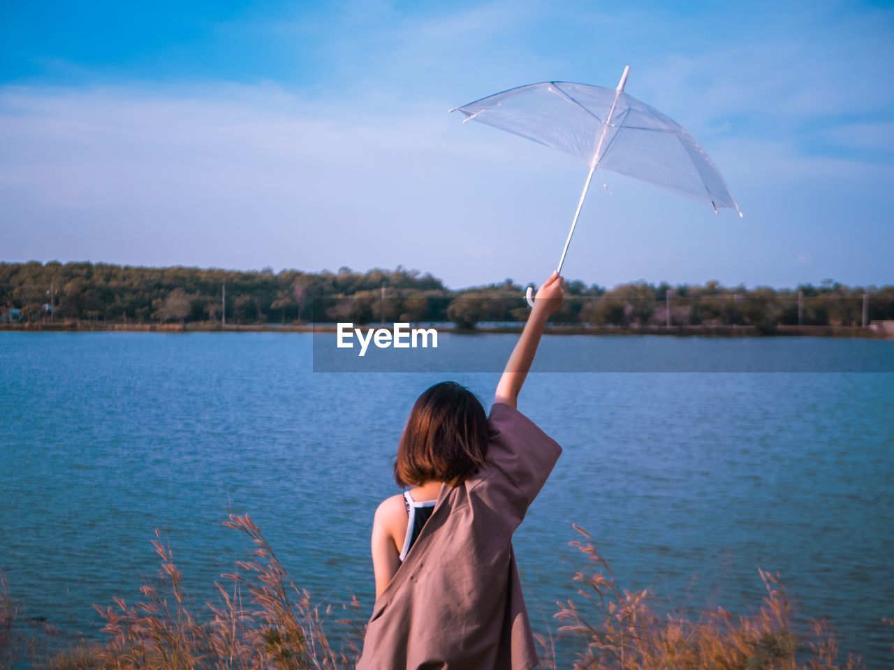 Rear view of woman holding umbrella while standing at lakeshore