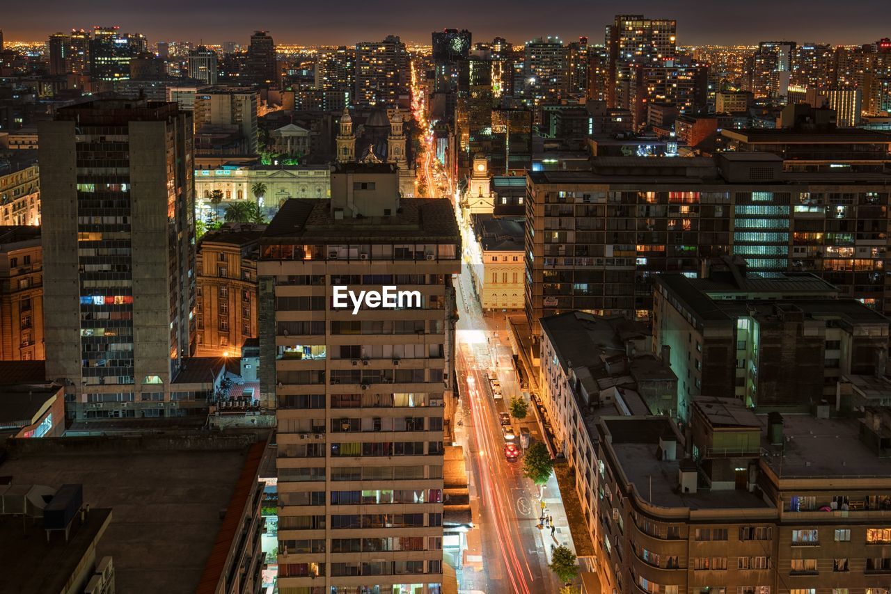 High angle view of illuminated buildings at night