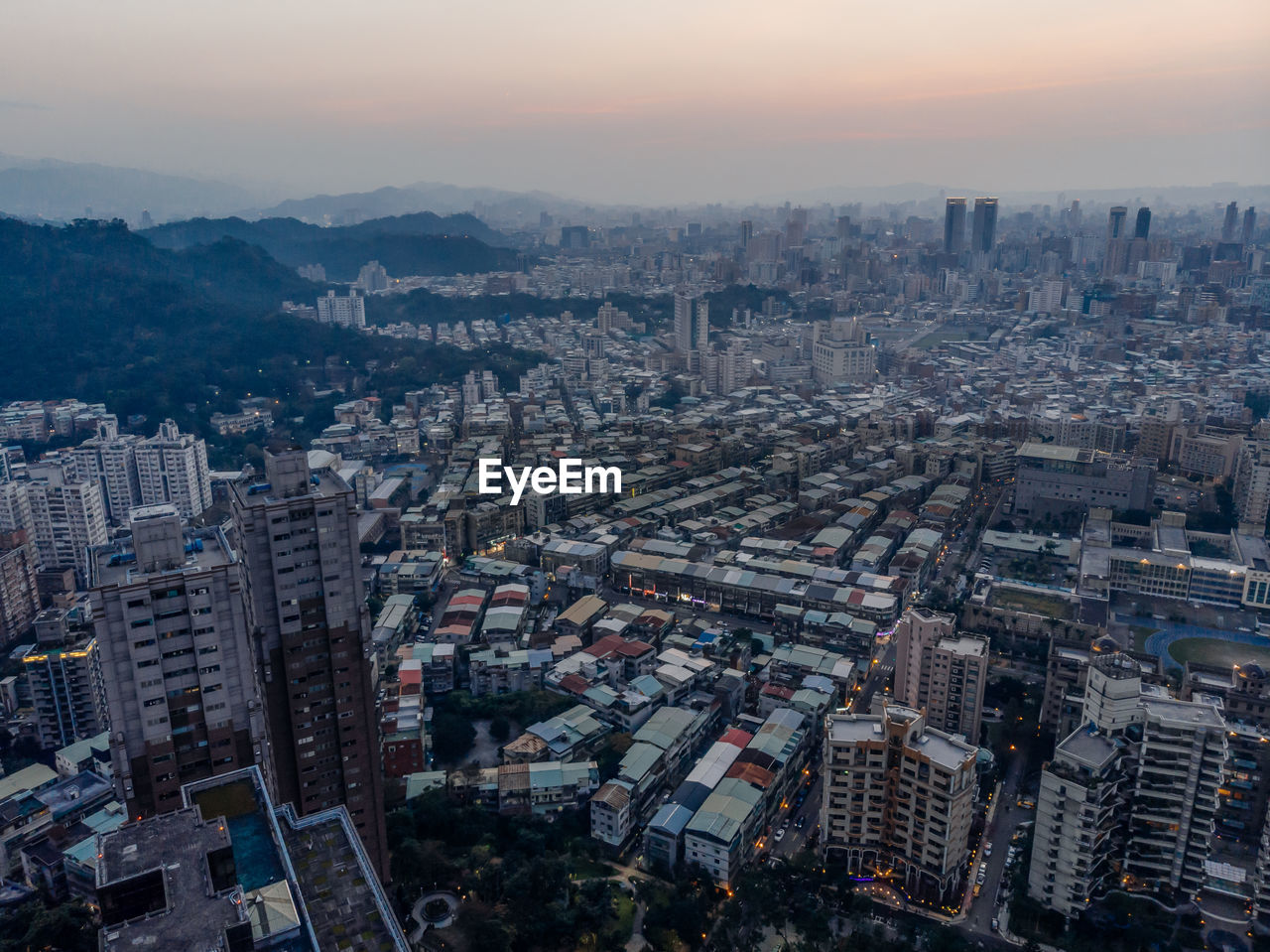 High angle view of buildings in city