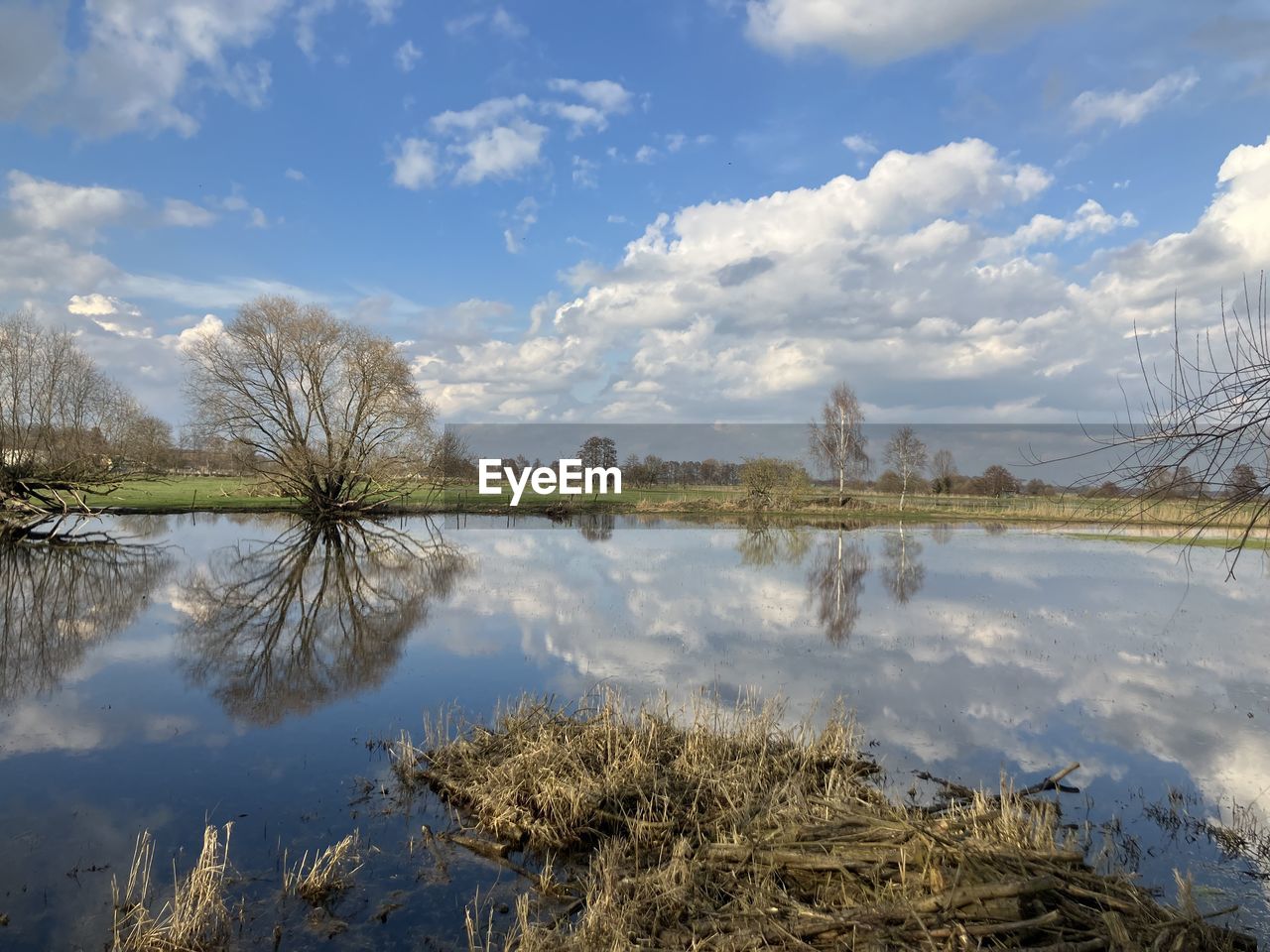 reflection, water, nature, sky, tree, cloud, landscape, lake, scenics - nature, plant, beauty in nature, tranquility, environment, wilderness, wetland, no people, marsh, winter, tranquil scene, natural environment, shore, morning, reservoir, day, land, travel destinations, body of water, outdoors, non-urban scene, blue, travel, autumn, tourism, frost, mountain, sunlight