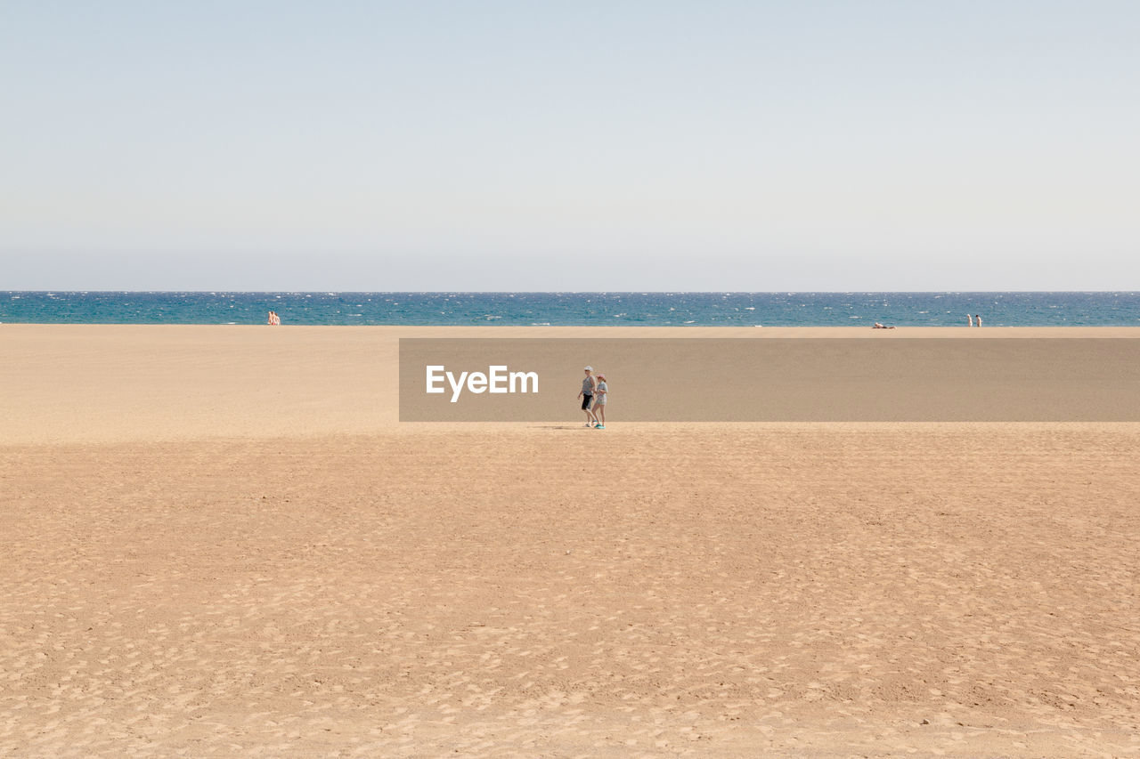 People walking at beach against clear sky on sunny day