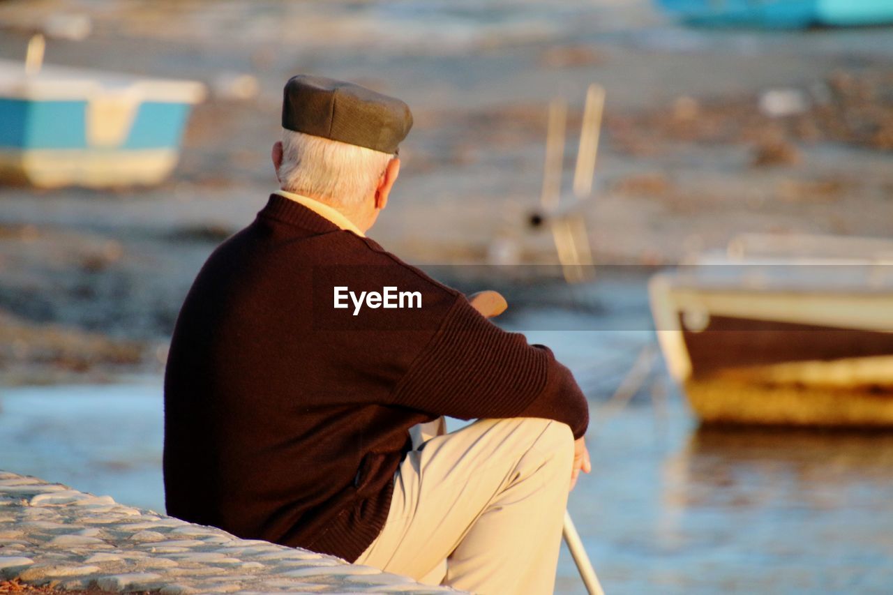 Rear view of man sitting on coastline