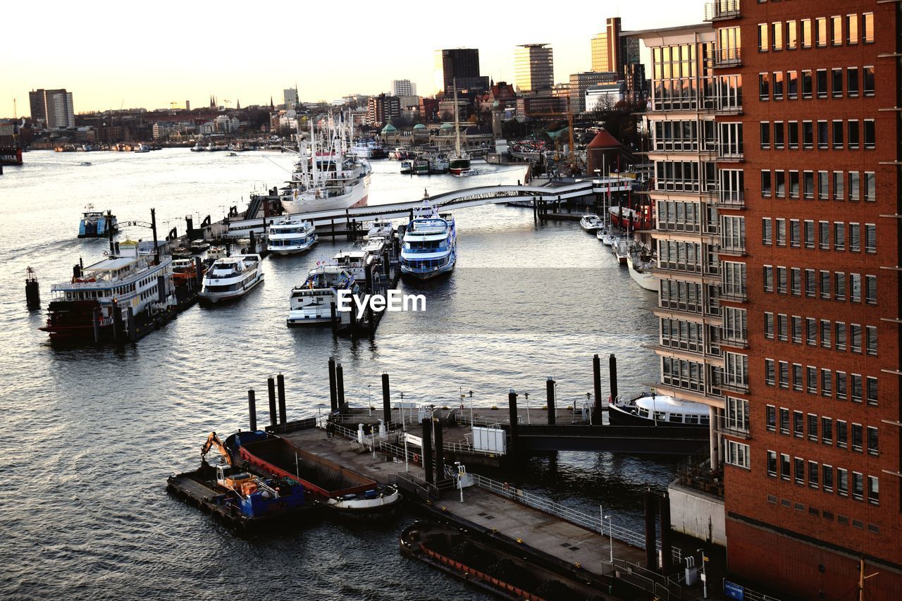 HIGH ANGLE VIEW OF BOATS IN RIVER