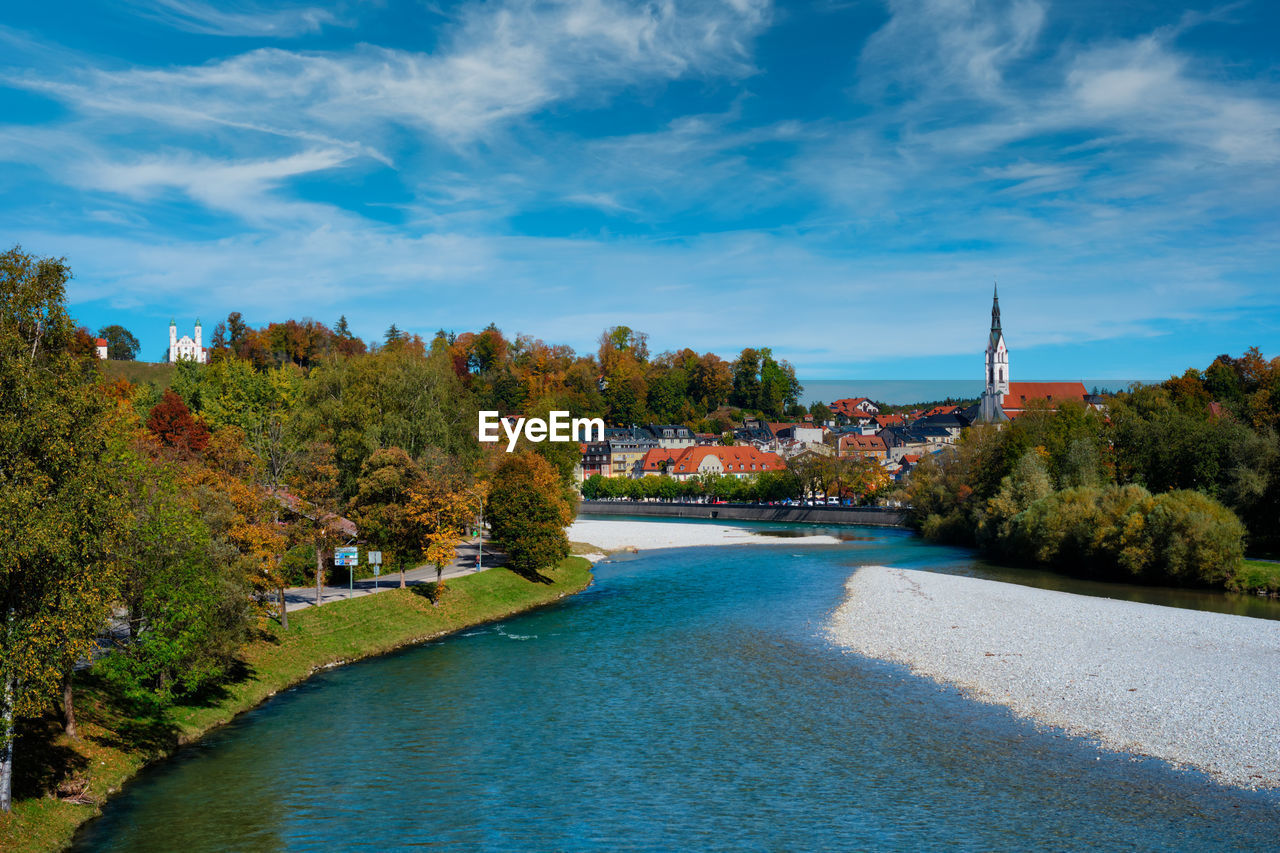 Bad tolz - picturesque resort town in bavaria, germany in autumn and isar river