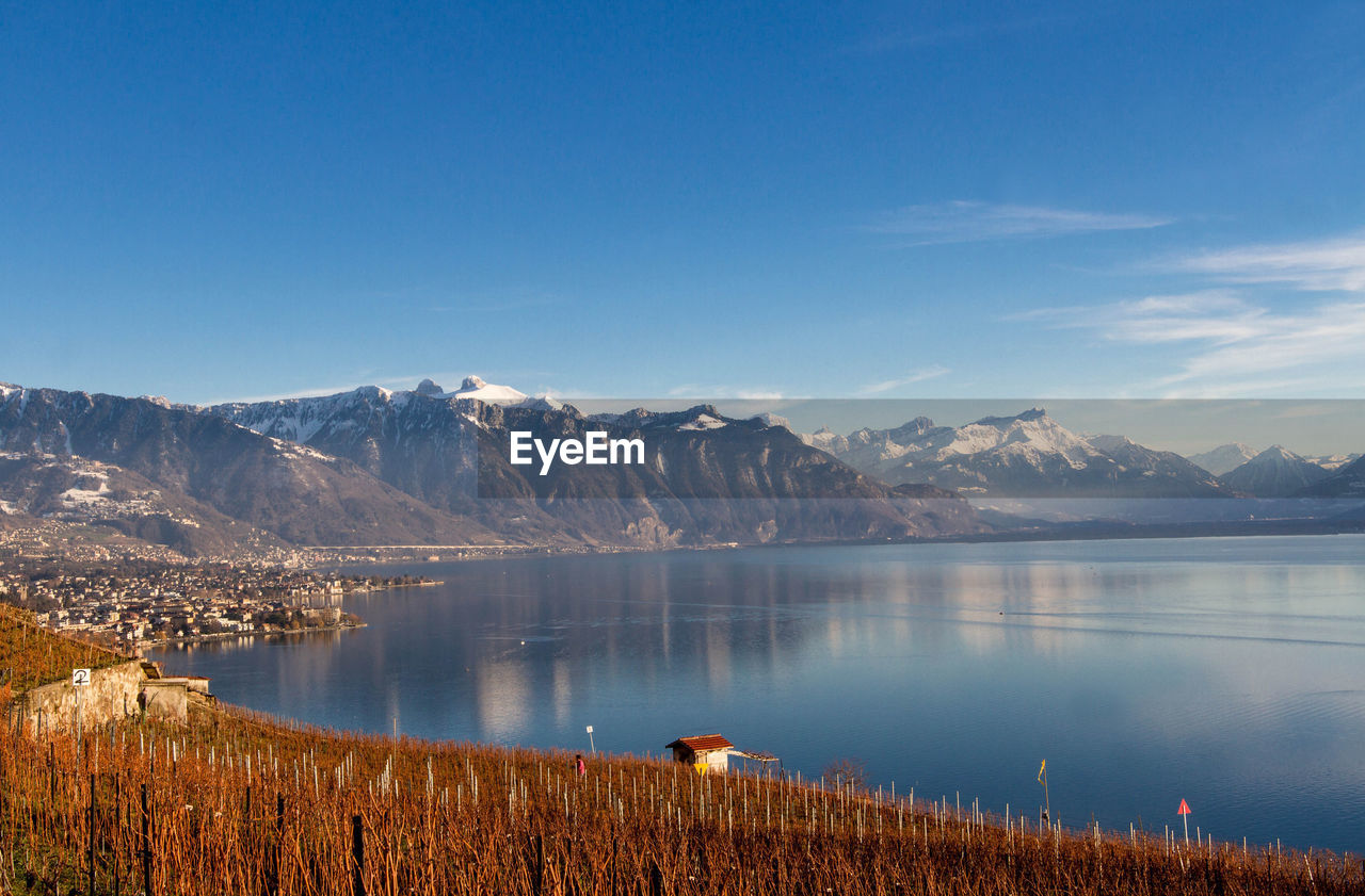 Scenic view of lake and snow covered mountains against sky