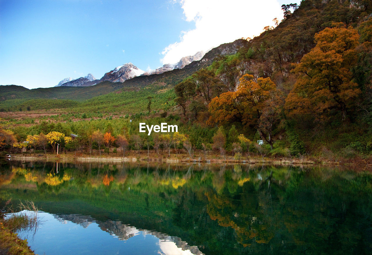 Scenic view of lake and mountains against sky