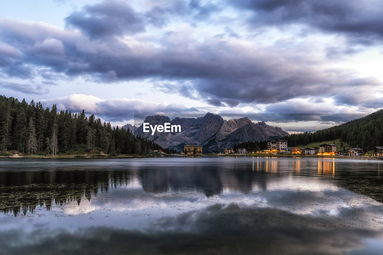 The view of lake misurina and mount sorapiss sunrise view taken during summer. dolomite, italy.