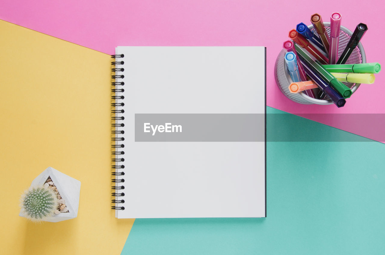 High angle view of diary with colorful pens in desk organizer and plant on colored background