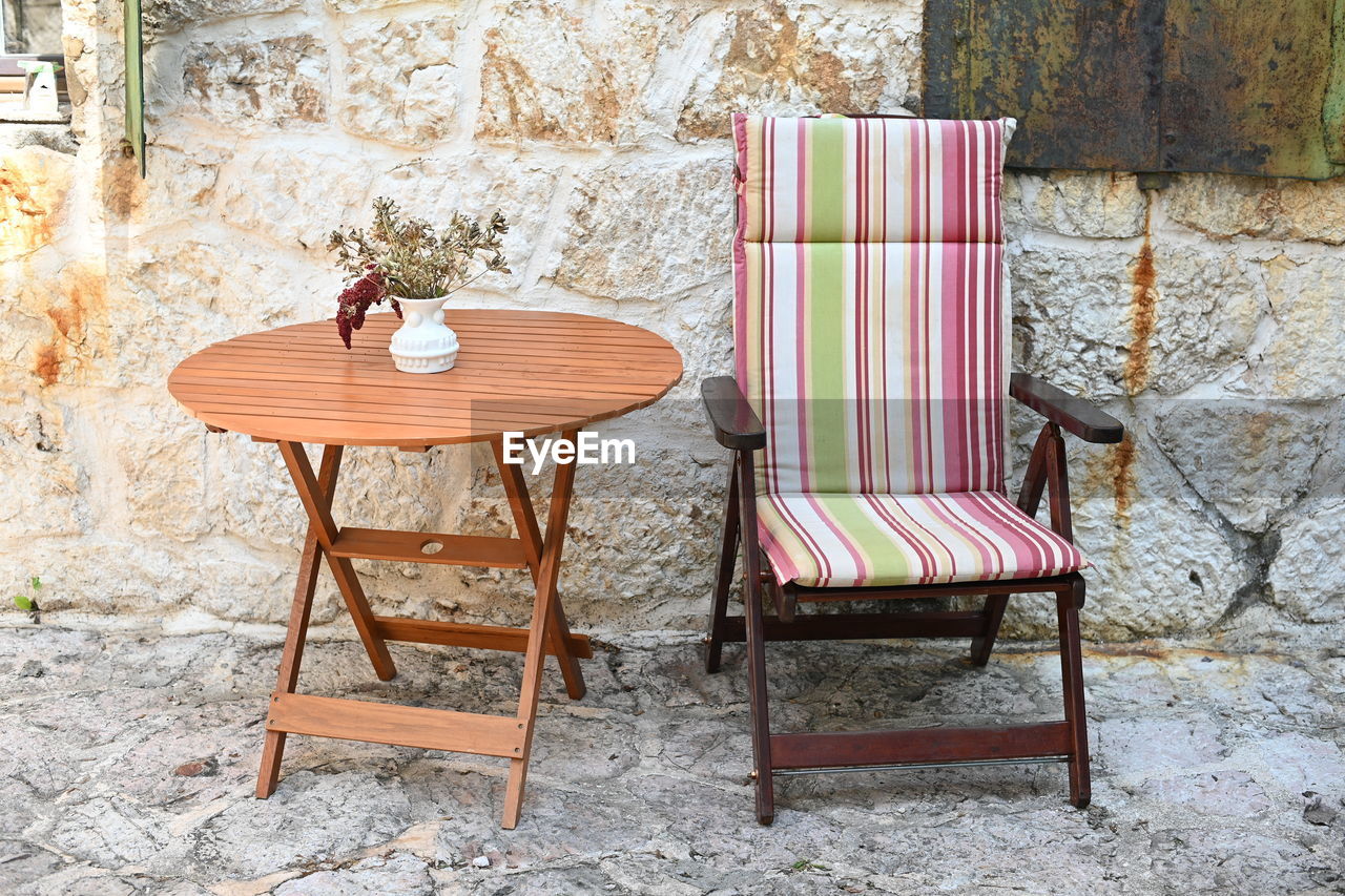 Empty chairs and table against wall