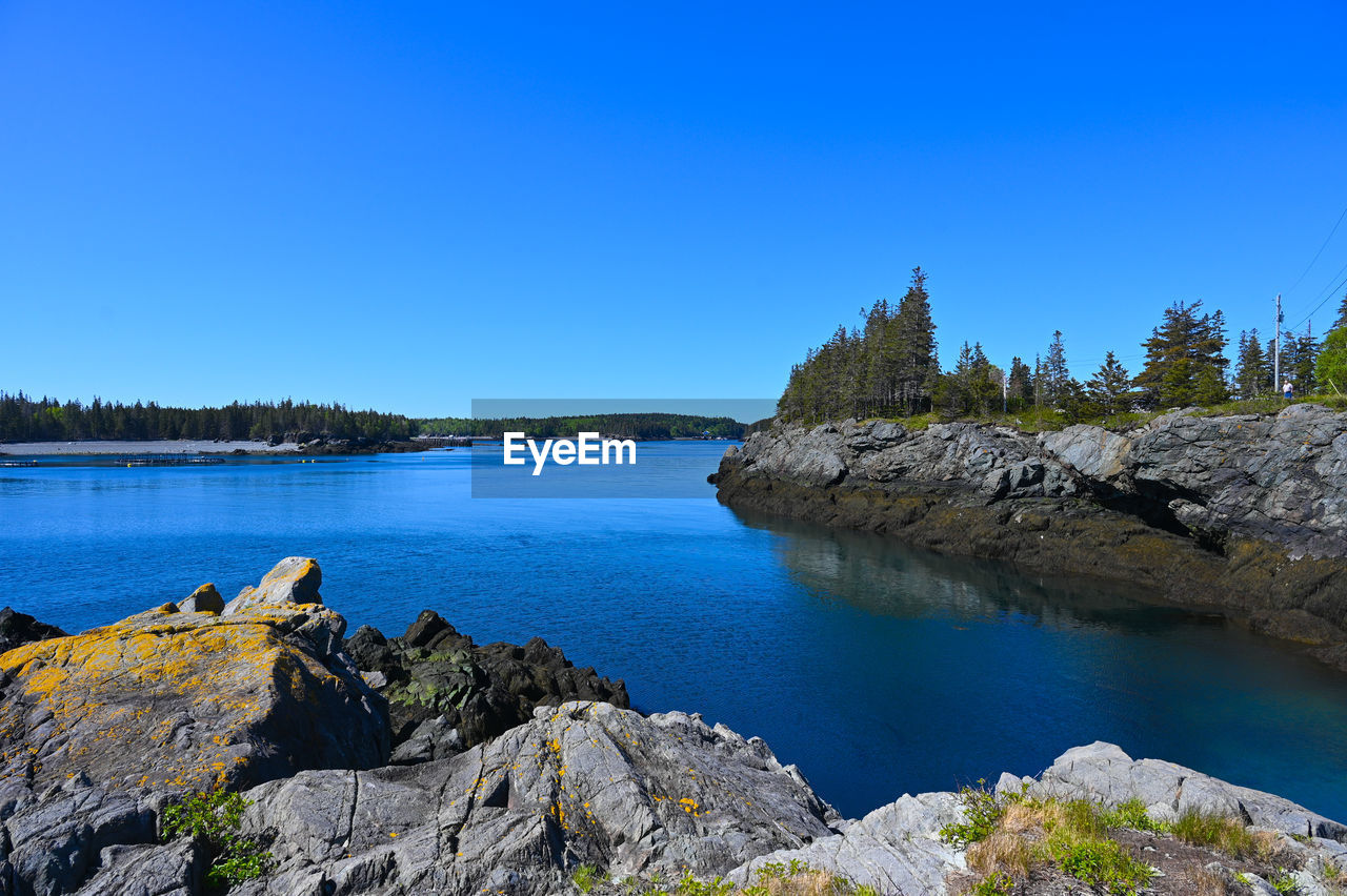 scenic view of lake against clear blue sky