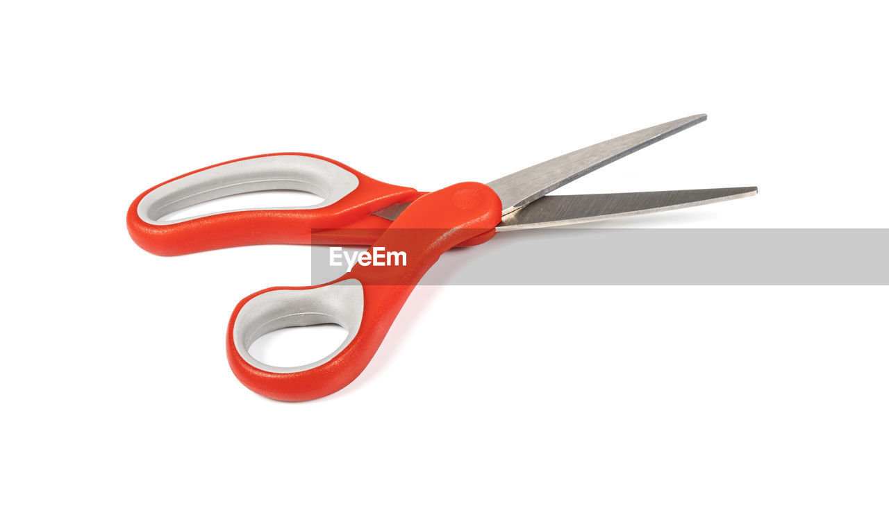 scissors, cut out, tool, work tool, white background, red, studio shot, single object, office supplies, cutting, indoors, equipment, steel, sharp, metal, propeller, blade, no people, alloy, hand tool