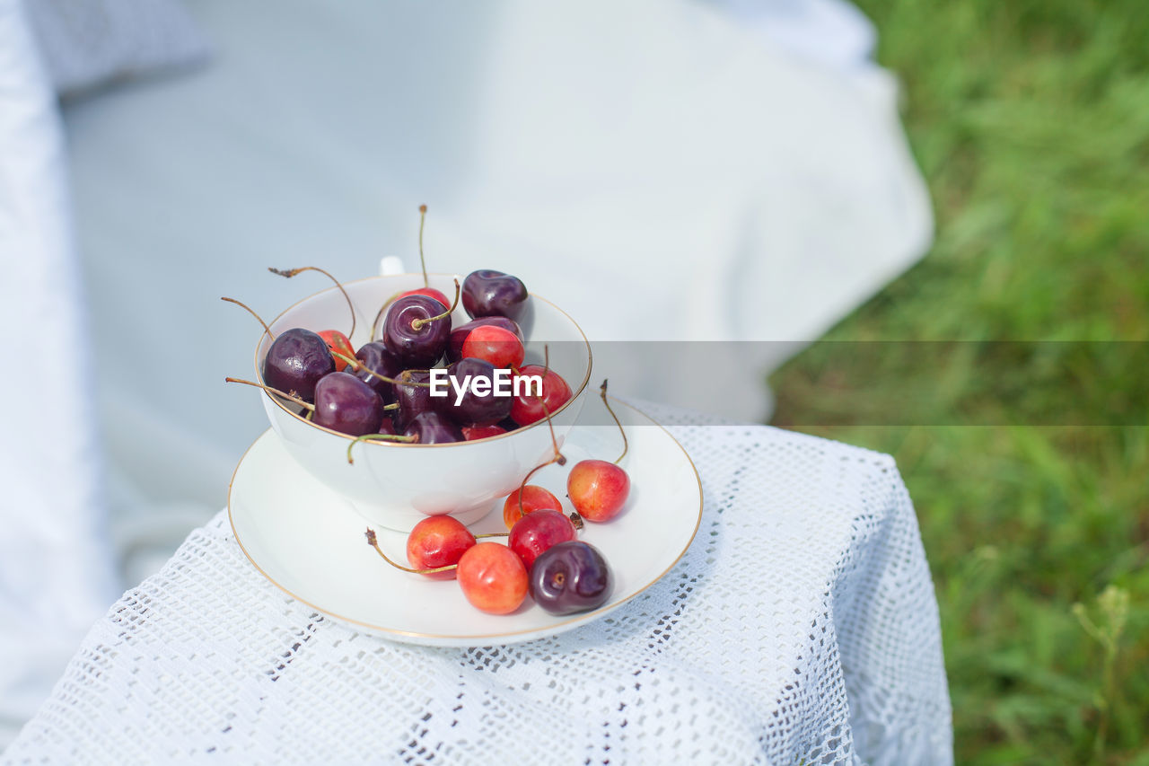 High angle view of fruits served in plate