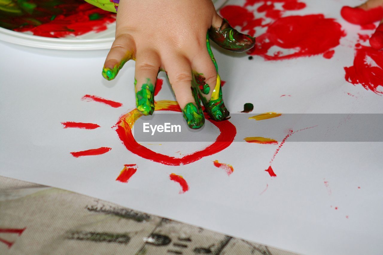 Cropped hand of child painting on paper