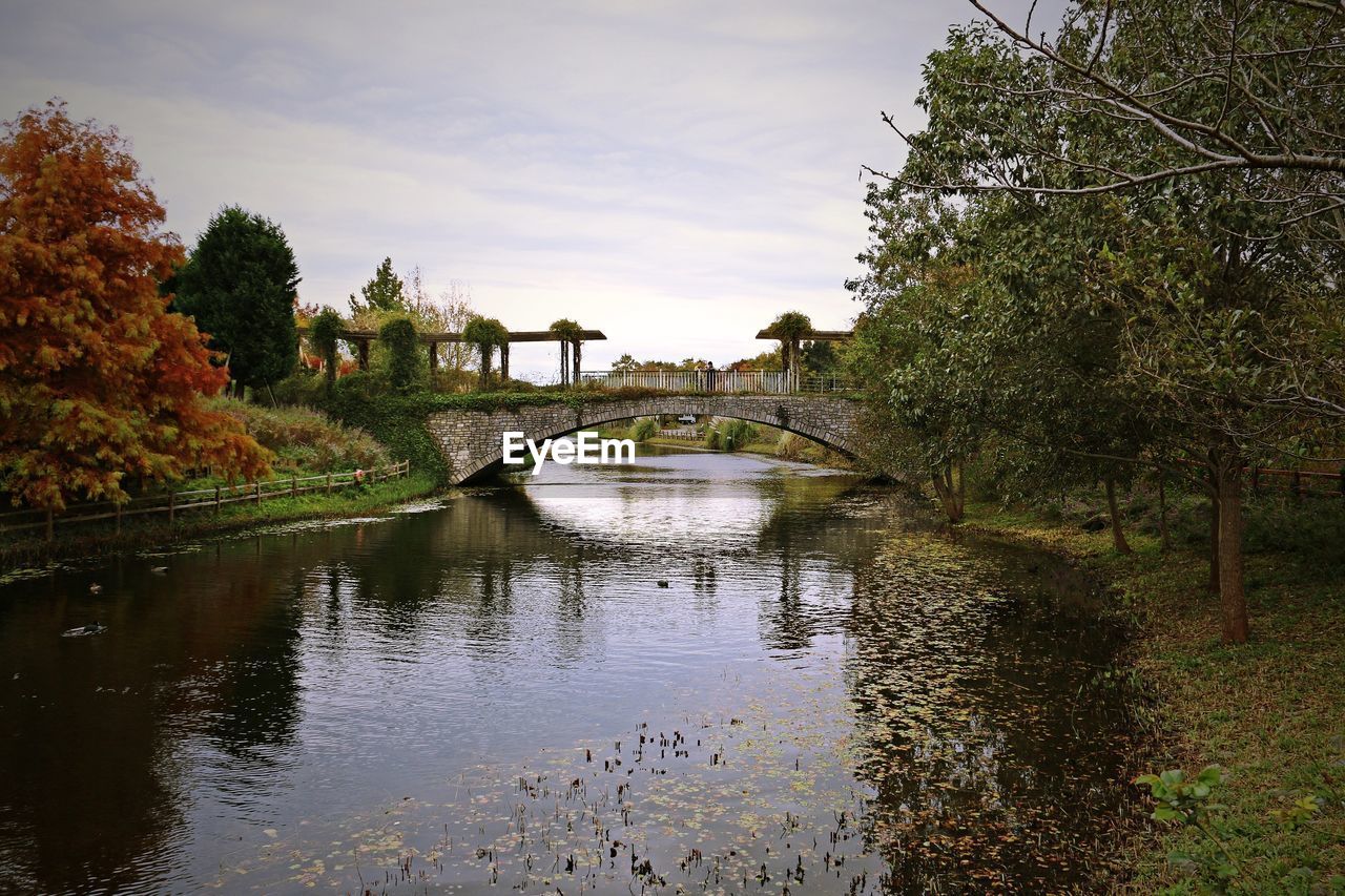 BRIDGE OVER LAKE BY TREES AGAINST SKY