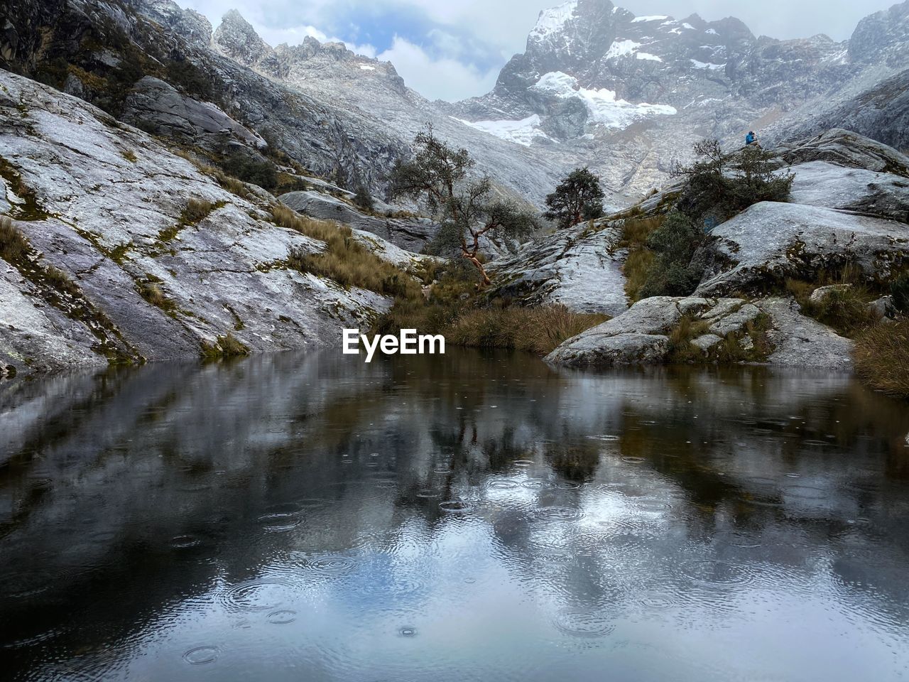 Scenic view of lake by mountains against sky