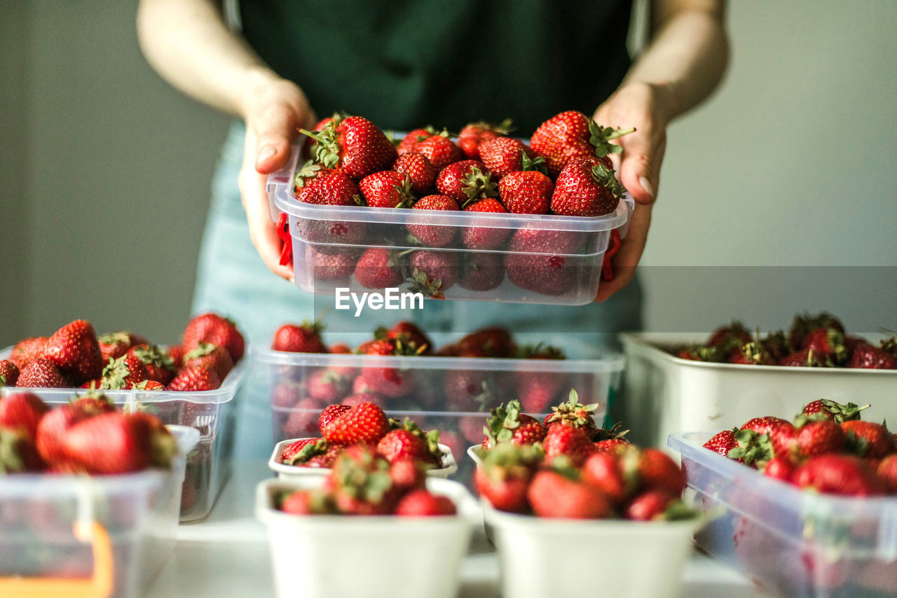 cropped hand of woman holding strawberries