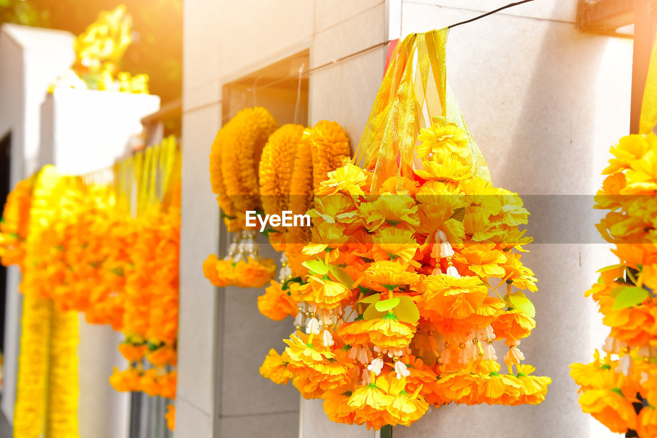 yellow, flower, hanging, flowering plant, plant, nature, freshness, no people, orange color, floristry, outdoors, architecture, close-up, decoration, floral garland, food and drink, day, food, beauty in nature, built structure