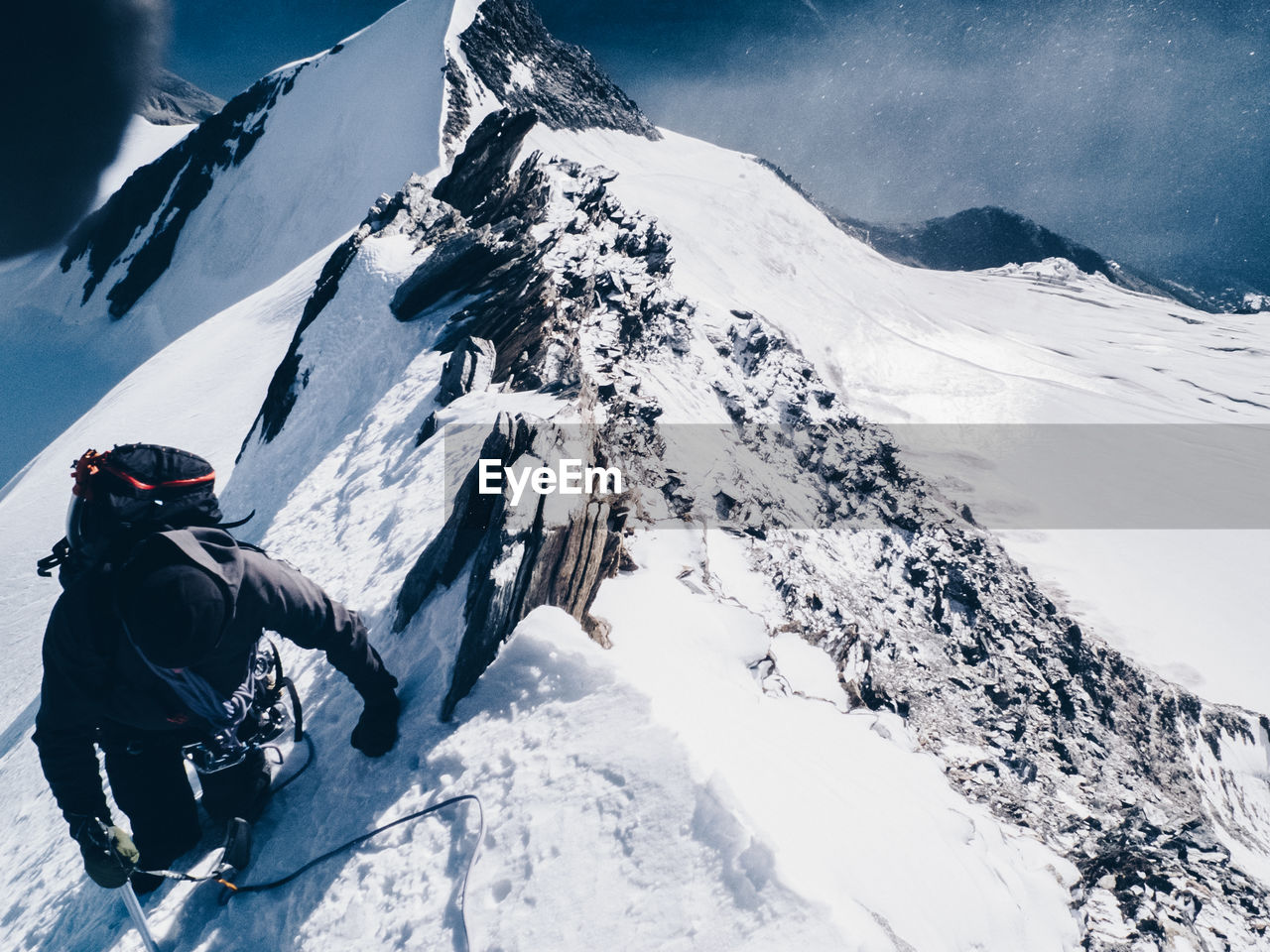 High angle view of person on snow covered mountain