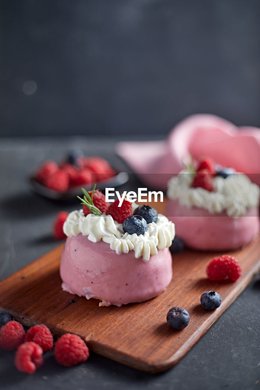 Close-up of dessert on cutting board