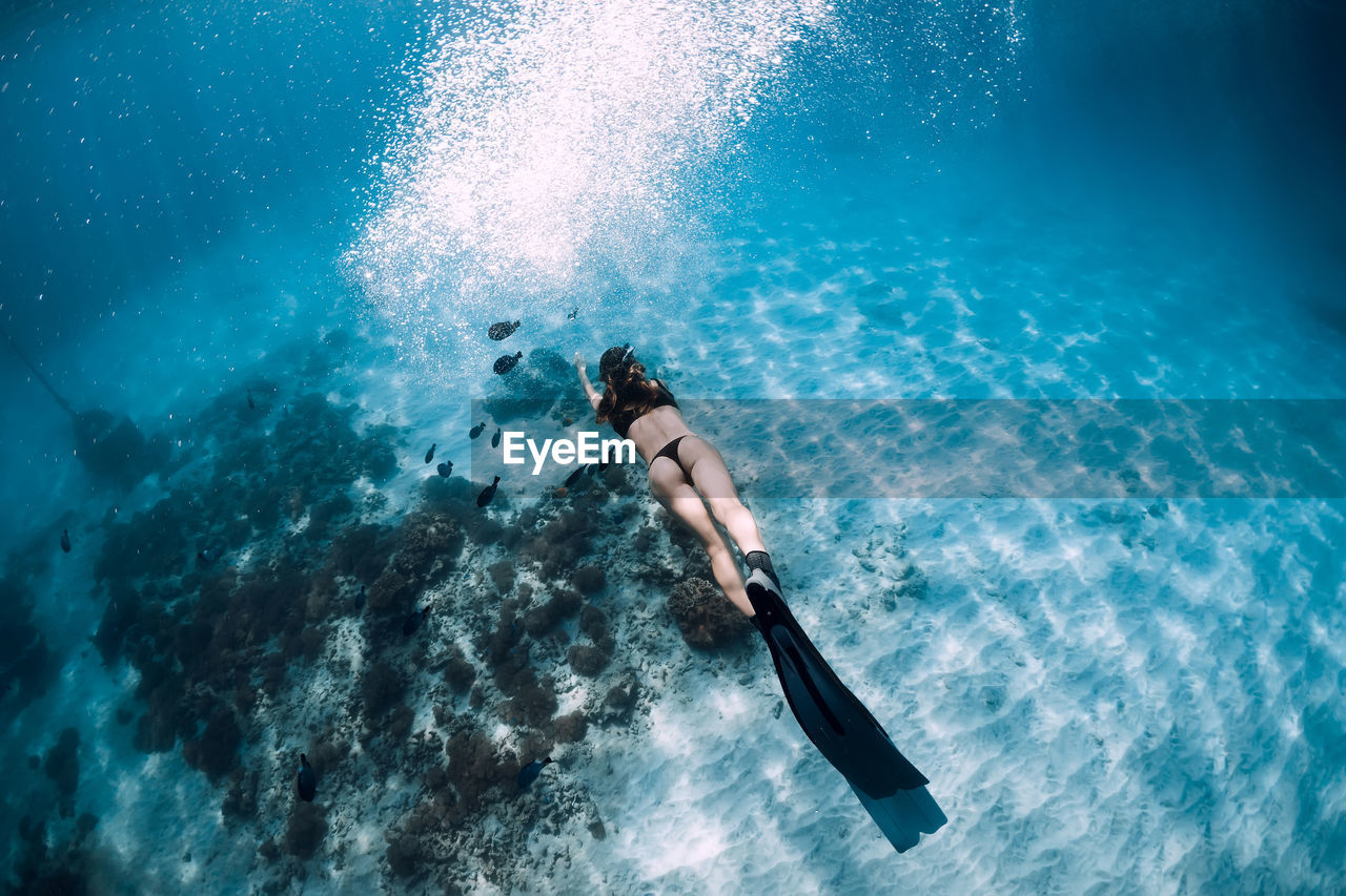 high angle view of woman swimming in sea