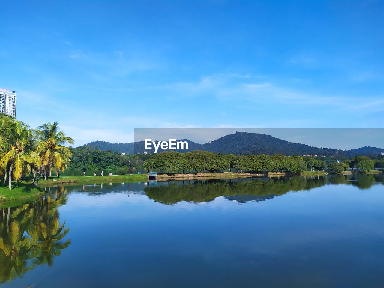 water, reflection, sky, lake, beauty in nature, tree, scenics - nature, nature, tranquility, plant, body of water, mountain, environment, blue, tranquil scene, tropical climate, landscape, no people, travel destinations, reservoir, land, palm tree, travel, outdoors, cloud, day, idyllic, tourism, mountain range, non-urban scene, trip, green, vacation, holiday, forest