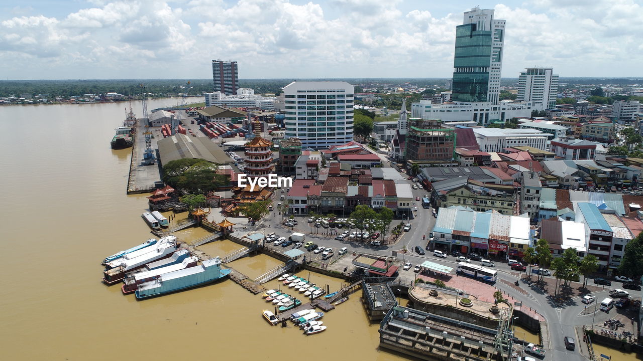 High angle view of buildings against sky in city