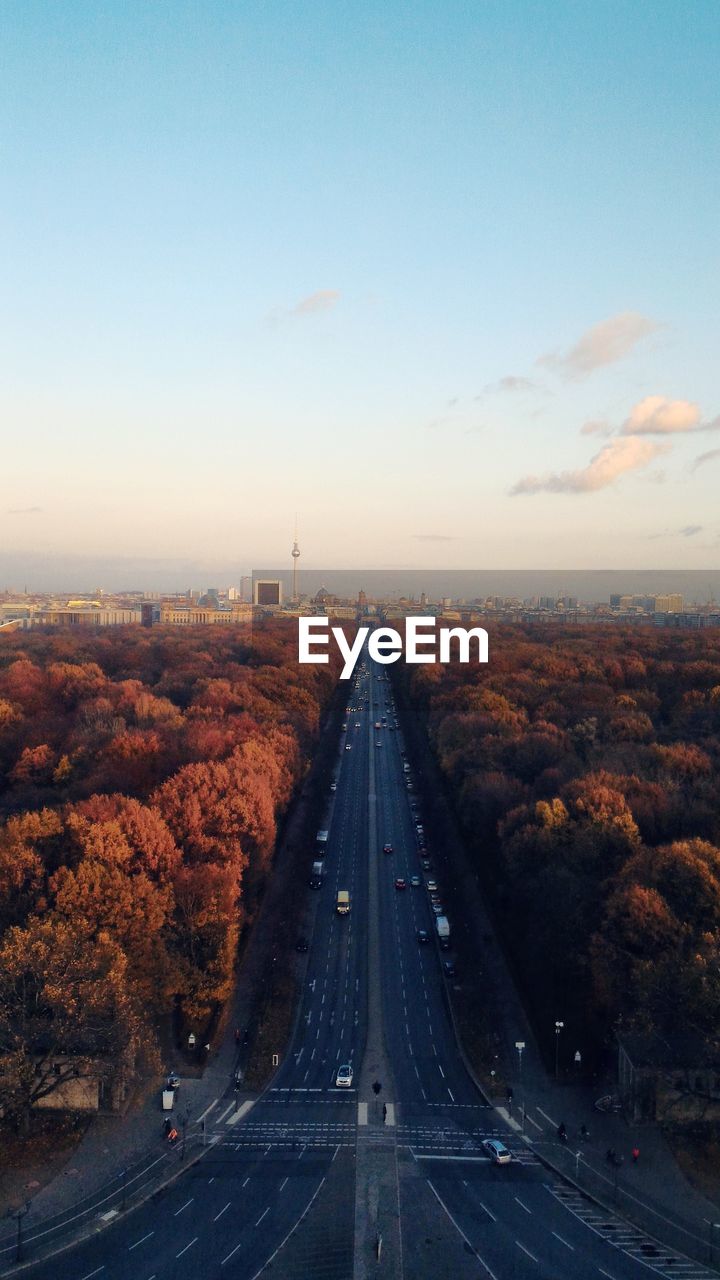 High angle view of road passing through city during sunset, tiengarten 