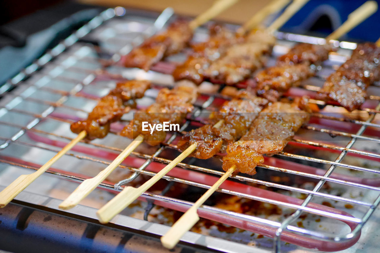 HIGH ANGLE VIEW OF MEAT IN COOKING PAN