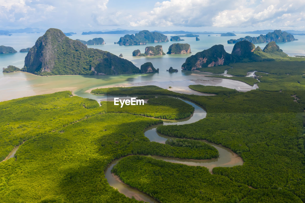 Aerial view of phang nga bay with mangrove tree forest and mountain in the andaman sea, thailand
