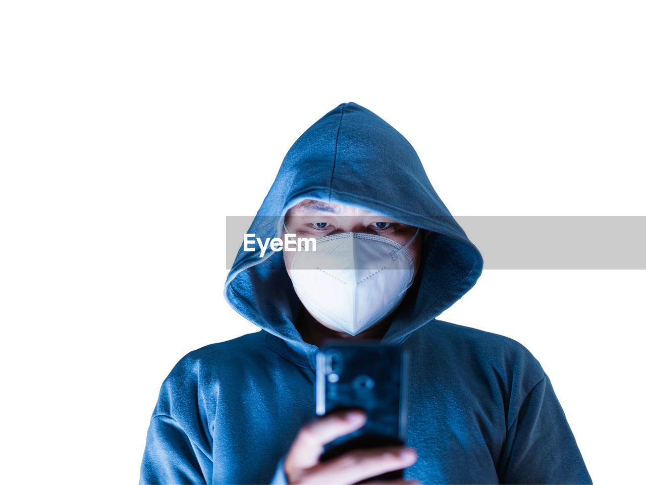 hood, one person, blue, hood - clothing, portrait, adult, white background, hooded shirt, studio shot, cut out, obscured face, men, mask, protective mask - workwear, clothing, disguise, front view, hoodie, mask - disguise, sign, indoors, headshot, copy space, costume, warning sign, security, protection, holding, communication, young adult, waist up