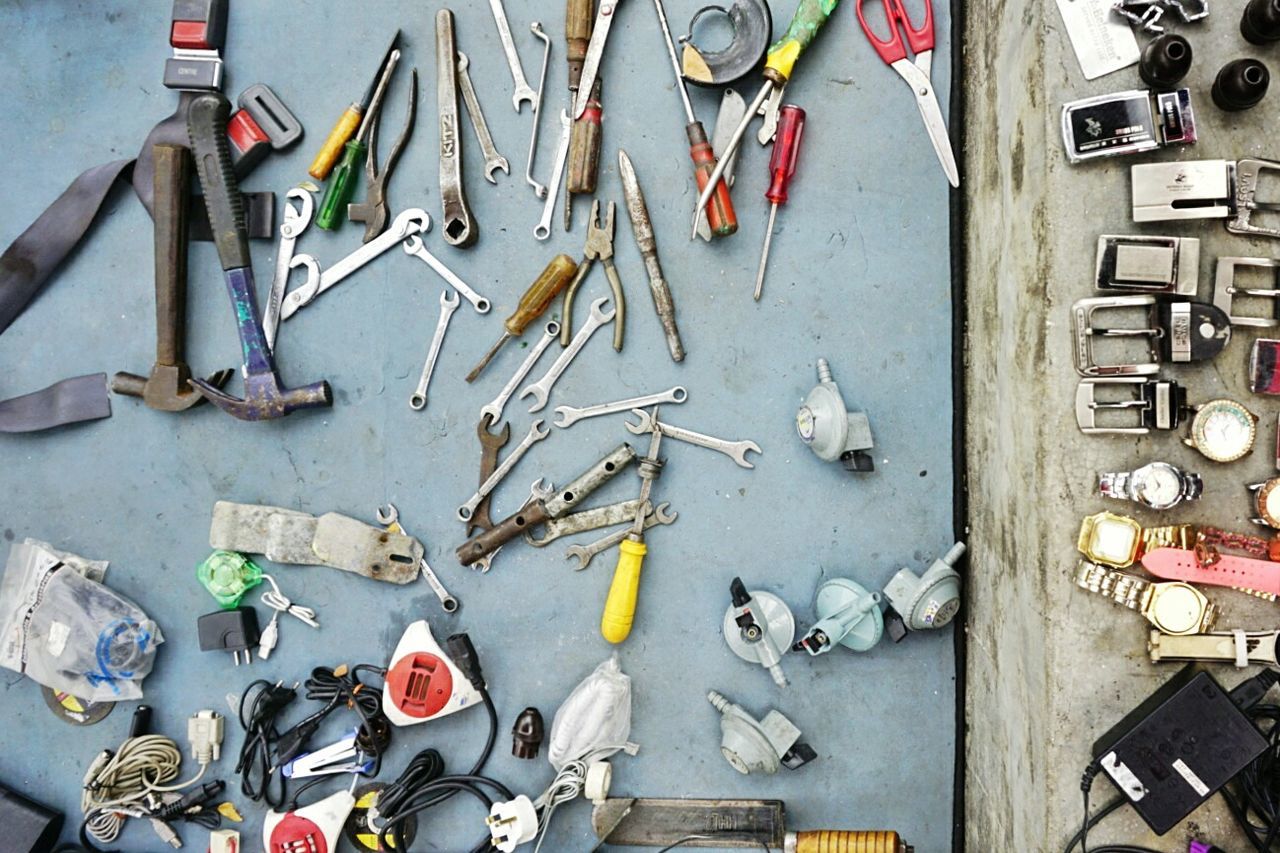 Directly above shot of work tools on table