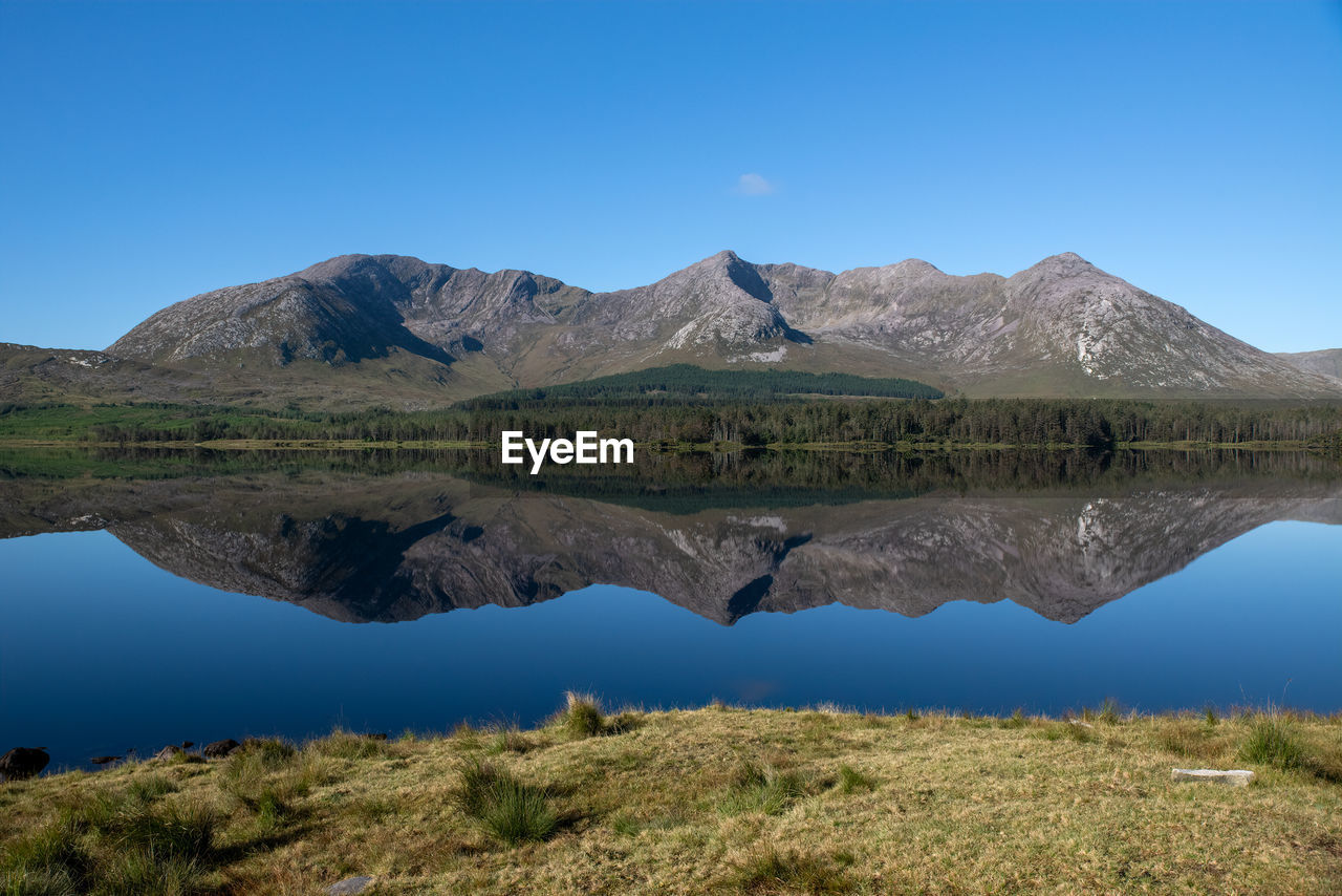 Scenic view of lake against clear blue sky