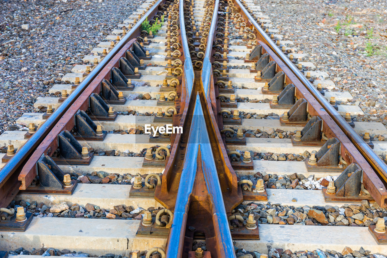 HIGH ANGLE VIEW OF RAILROAD TRACKS AMIDST BUILDINGS