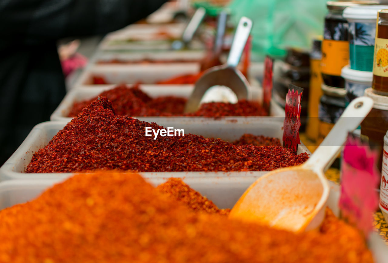 Close-up of spices for sale at market stall