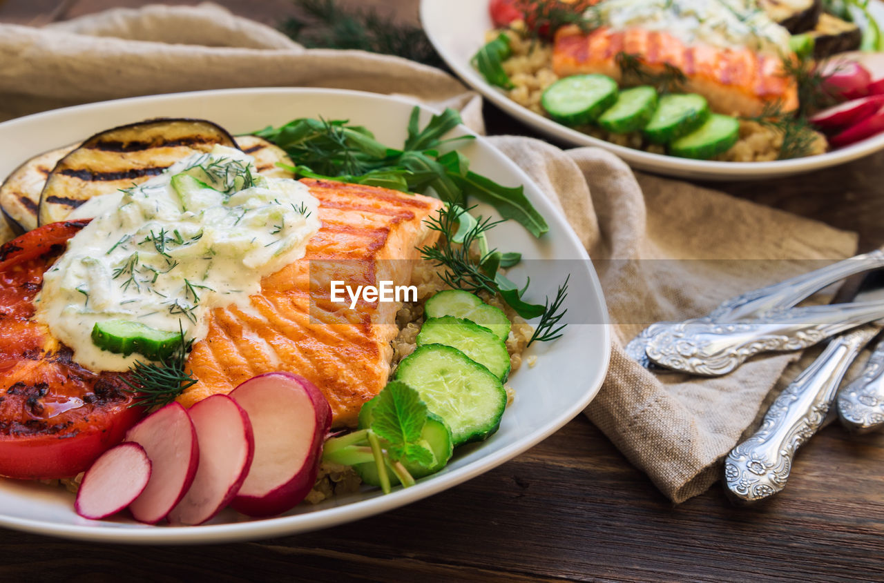 HIGH ANGLE VIEW OF MEAL SERVED IN PLATE