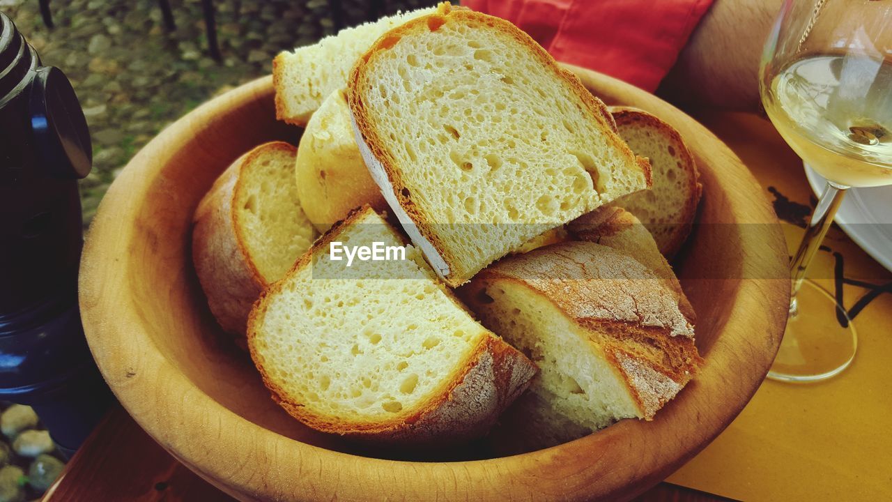 Close-up of bread in bowl on table