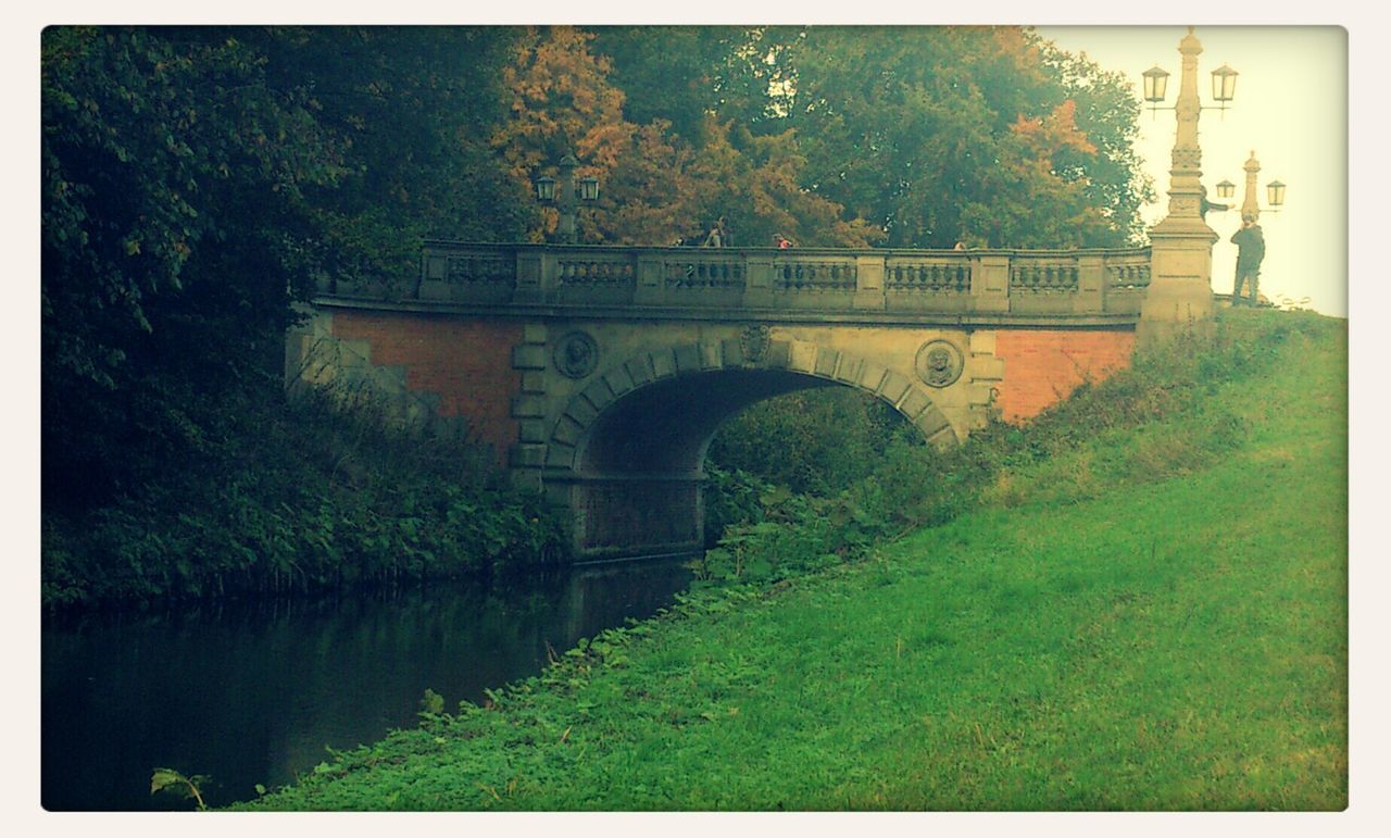 Arched bridge on river by trees and field