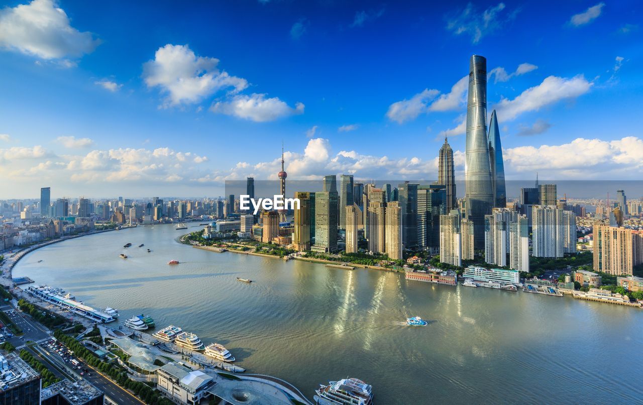 High angle view of huangpu river by cityscape