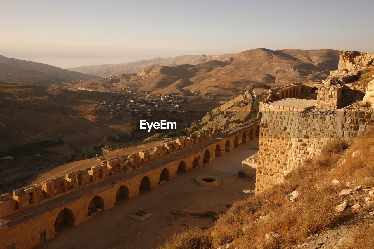 High angle view of old fort at desert