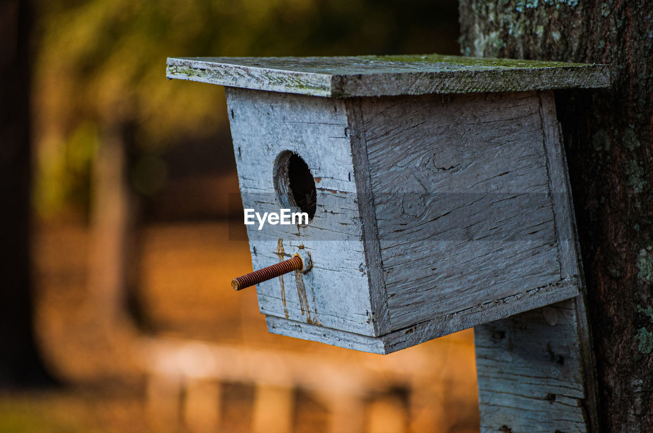 Close-up of wooden bird house