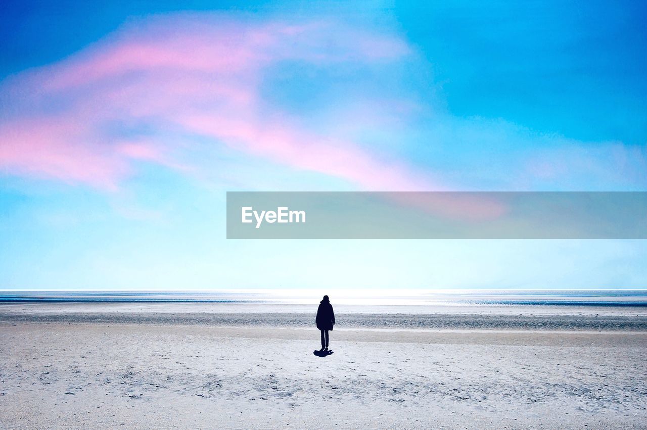 Rear view of man walking at beach against sky